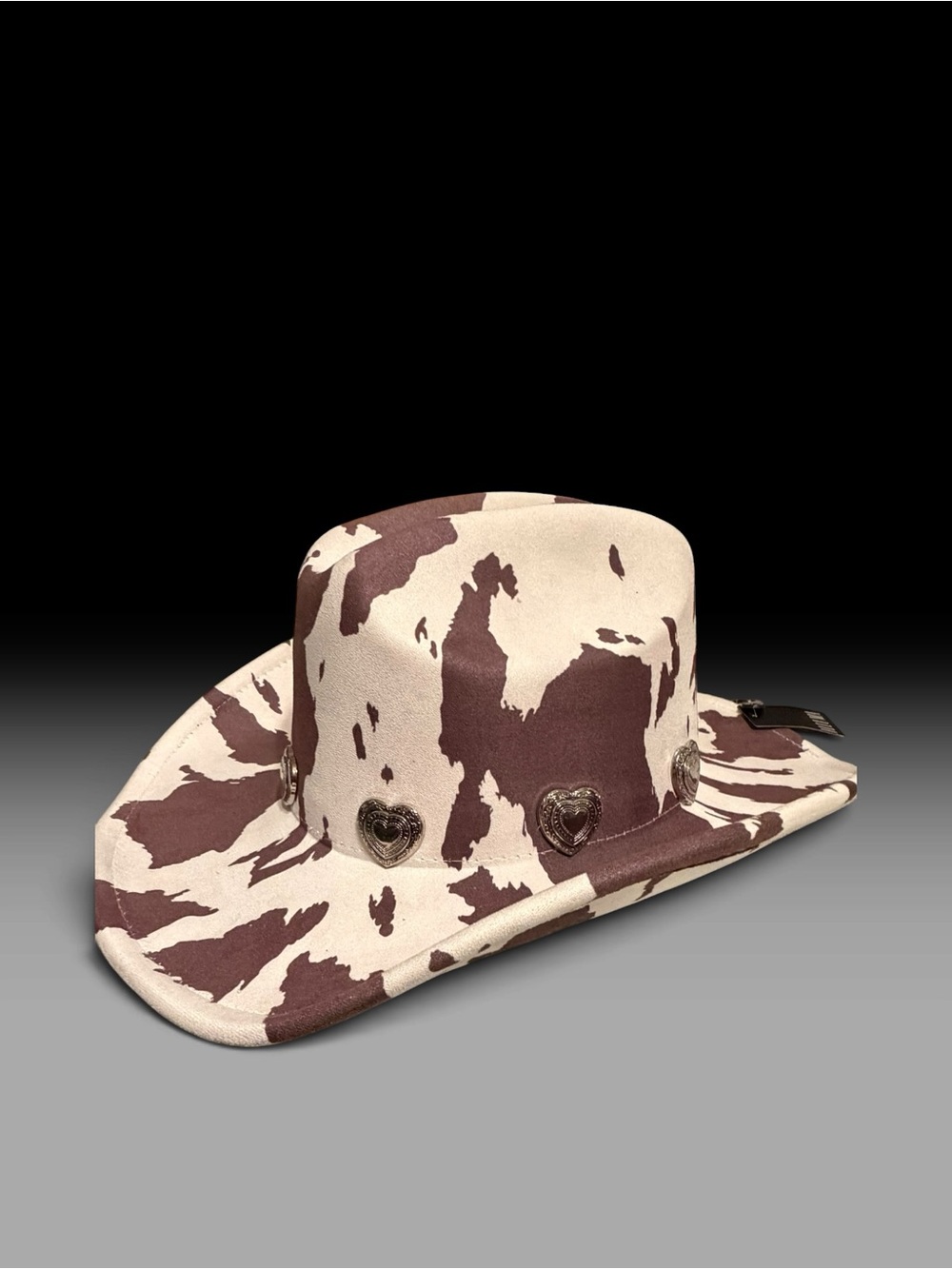 NWT cream/brown cow print cowboy hat with heart embellishments